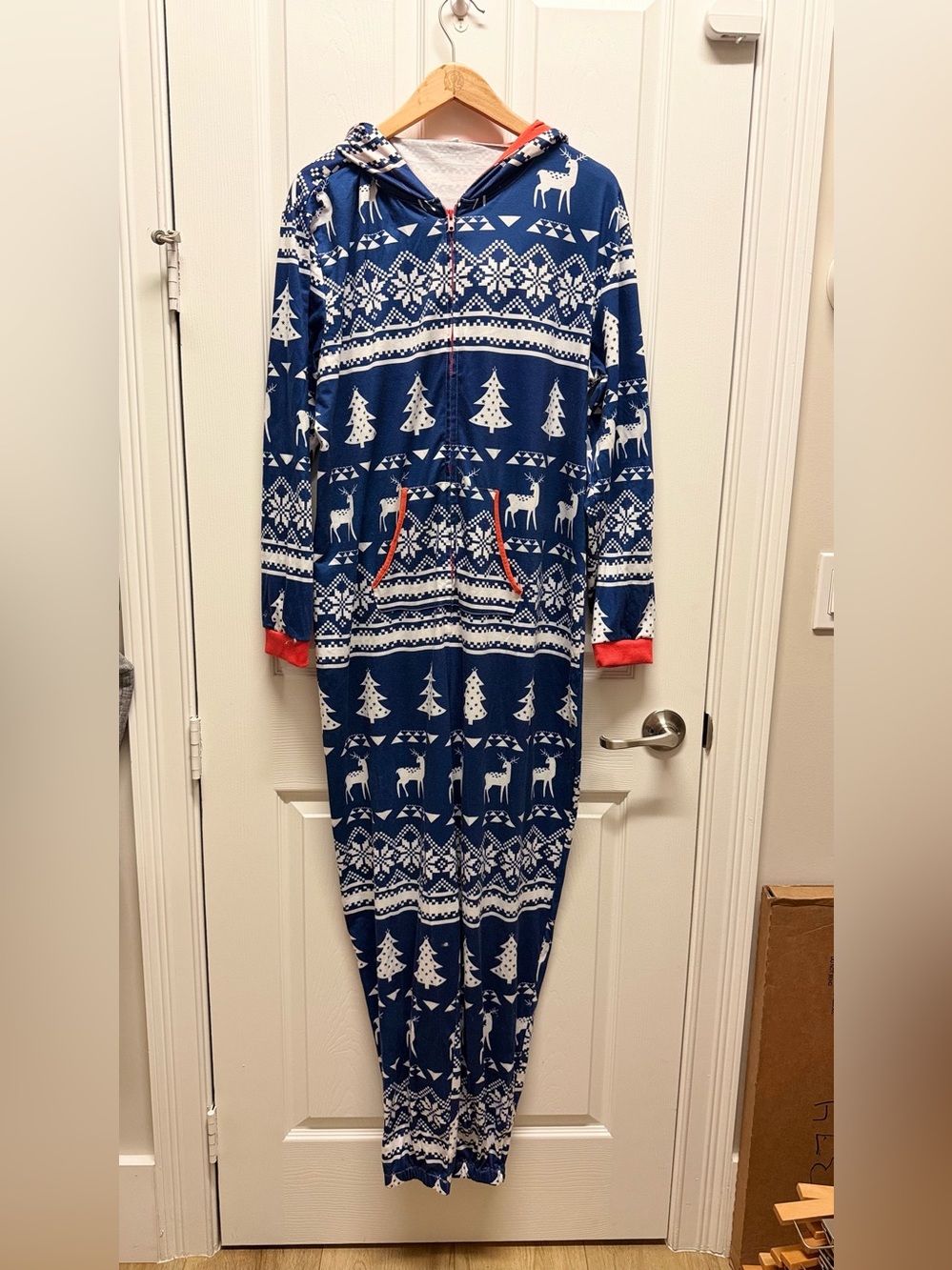Women’s Christmas Onesie Pajamas Nordic Reindeer Hooded Jumpsuit Size XL